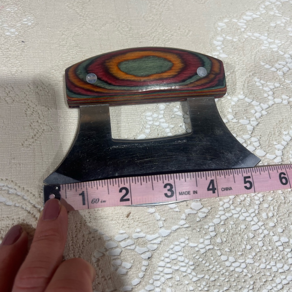 Vintage Alaska Ulu Knife With Rainbow Pakka Laminated Wood Handle Matching Stand - Picture 4 of 5